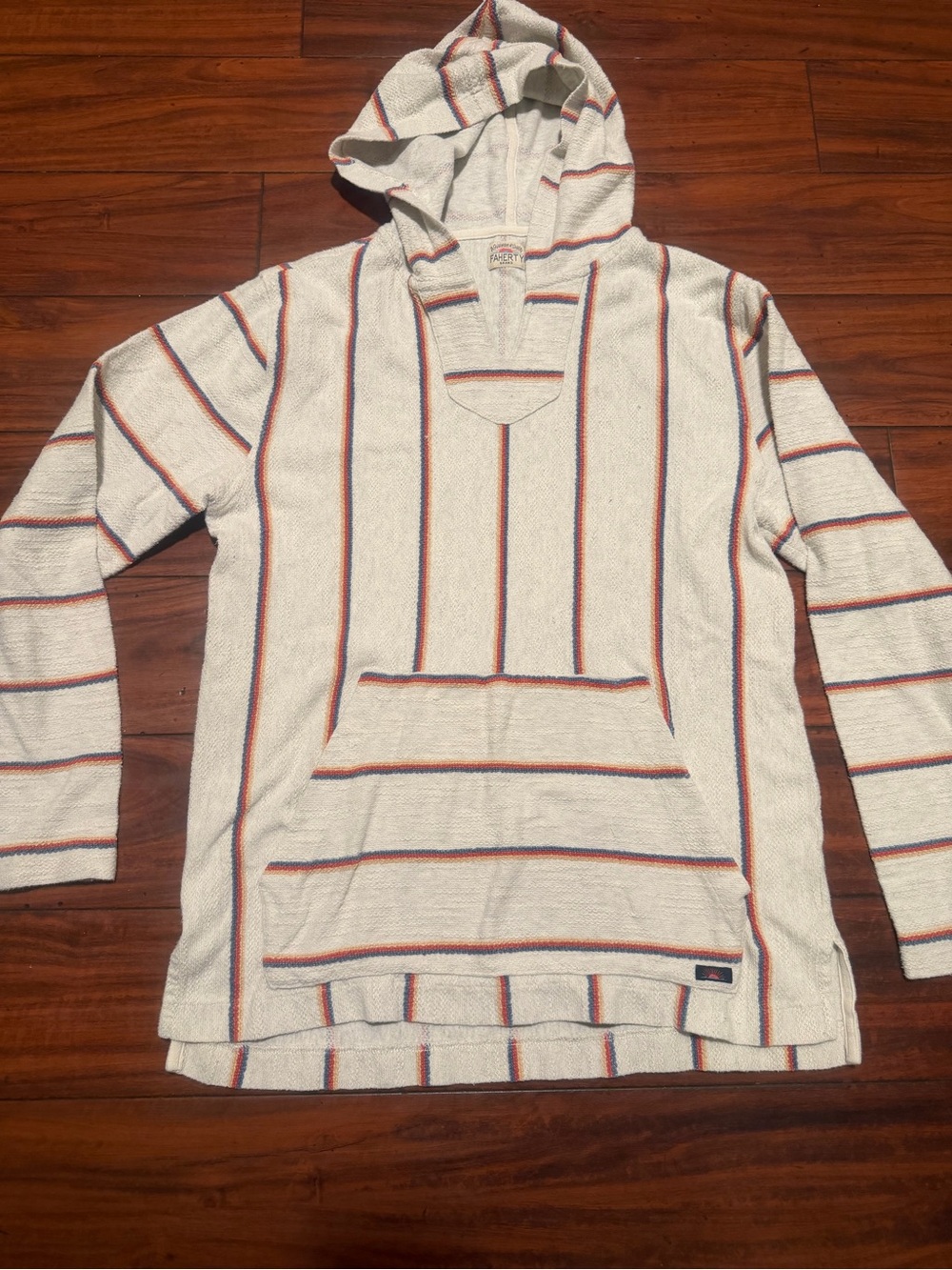 Faherty Cream V-Neck‎ Hooded Sweater with Blue and Red Stripes